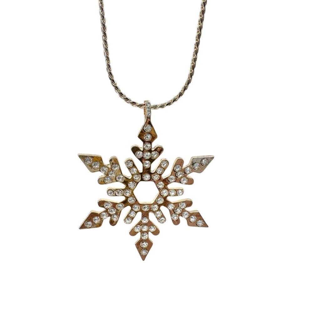 Snowflake Rhinestone Pendant Necklace 32 inches Gold Tone With Adjustable Chain